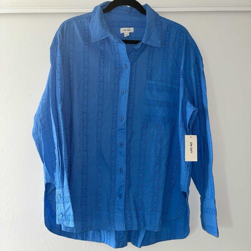 On-34th Embroidered 100% Cotton Woman’s Blue Shirt Long Sleeve XL